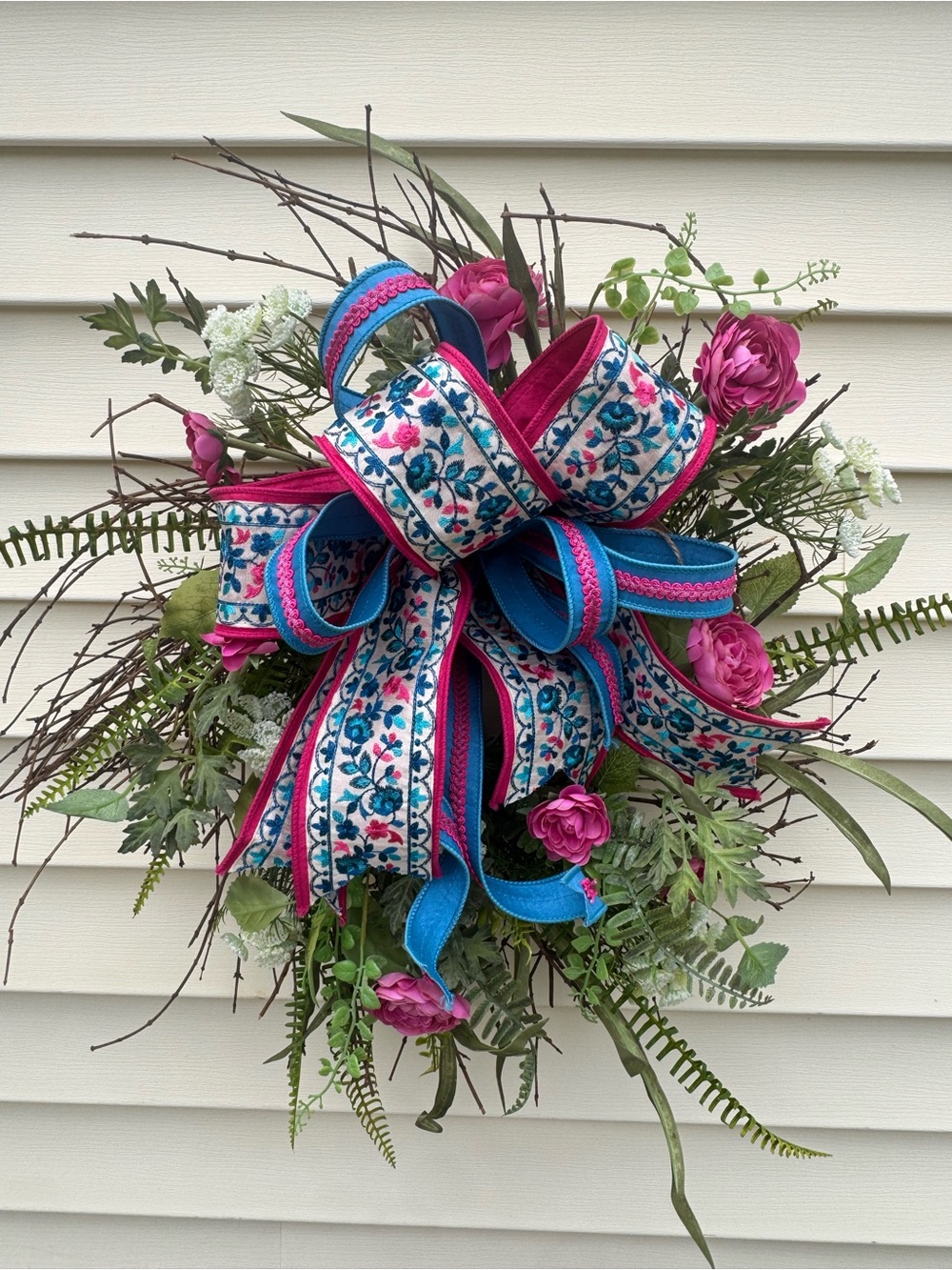Hand Crafted Blue and Fuchsia Floral Ribbon Wreath
